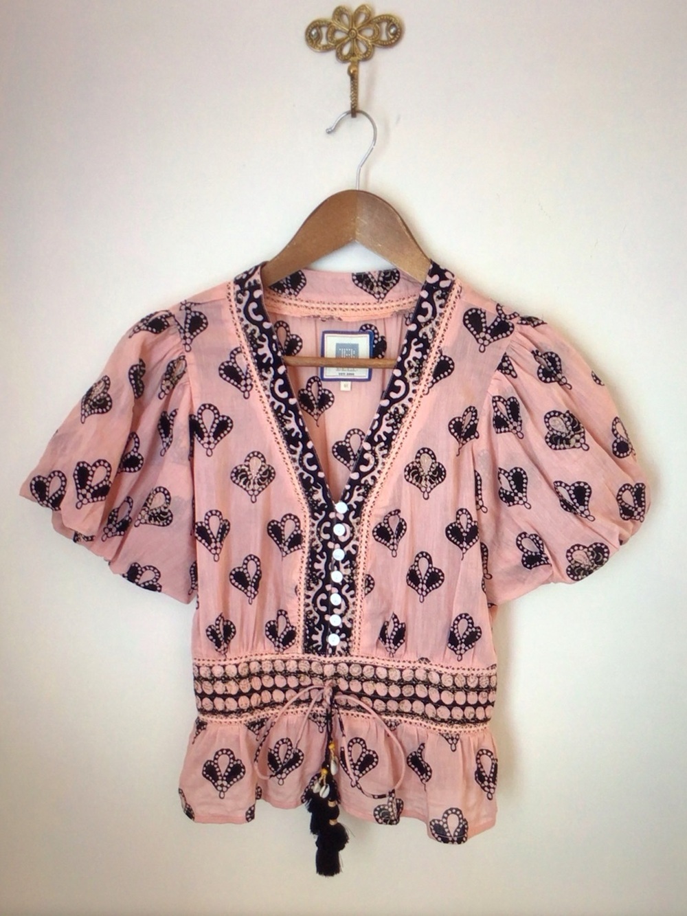 Bell By Alicia Bell Pink V-Neck Peplum Blouse with Tassel Tie